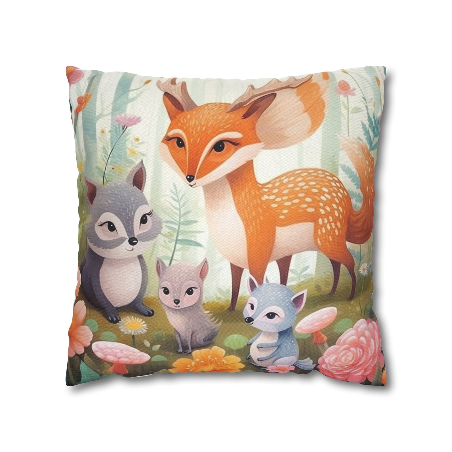 Cute Woodland Creatures Whimsical Animal Art Spun Polyester Square Pillow Case