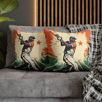 India Cricket Star: Batsman With Willow Bat, National Flag Style - Sport Game - Spun Polyester Square Pillow Case