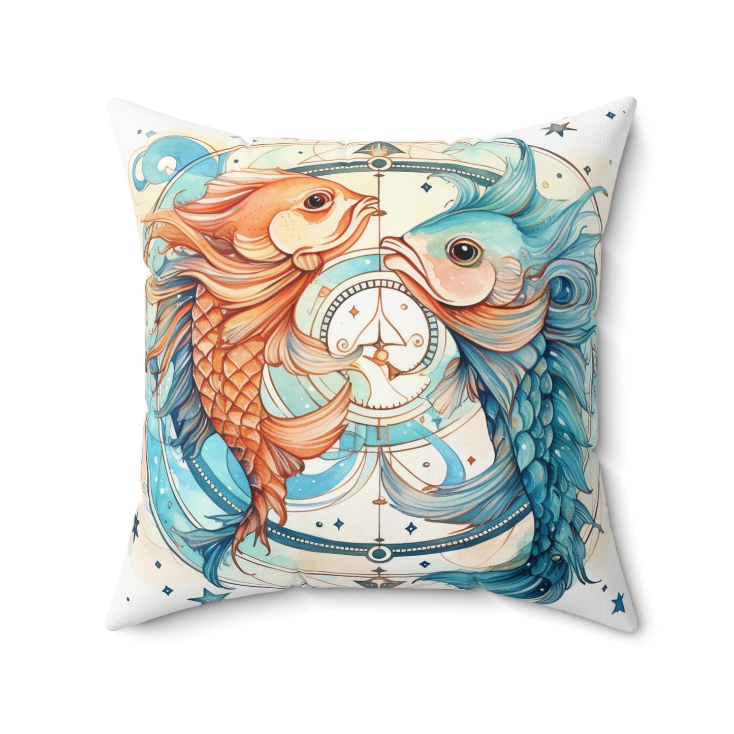 Pisces Zodiac Horoscope - Starry Watercolor & Ink, Hyper-Detailed Fish Spun Polyester Square Pillow