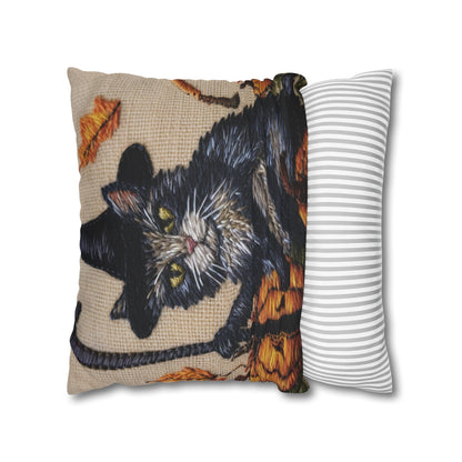 Halloween Cat Magic: Embroidered Style Feline with Pumpkins & Witch Hat - Spun Polyester Square Pillow Case