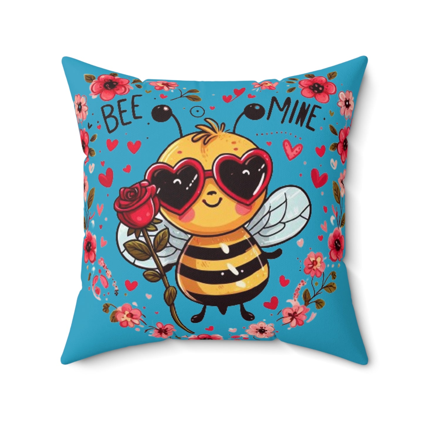 Whimsical Bee Love: Heartfelt Valentines Design with Floral Accents and Heart Sunglasses - Romantic - Spun Polyester Square Pillow