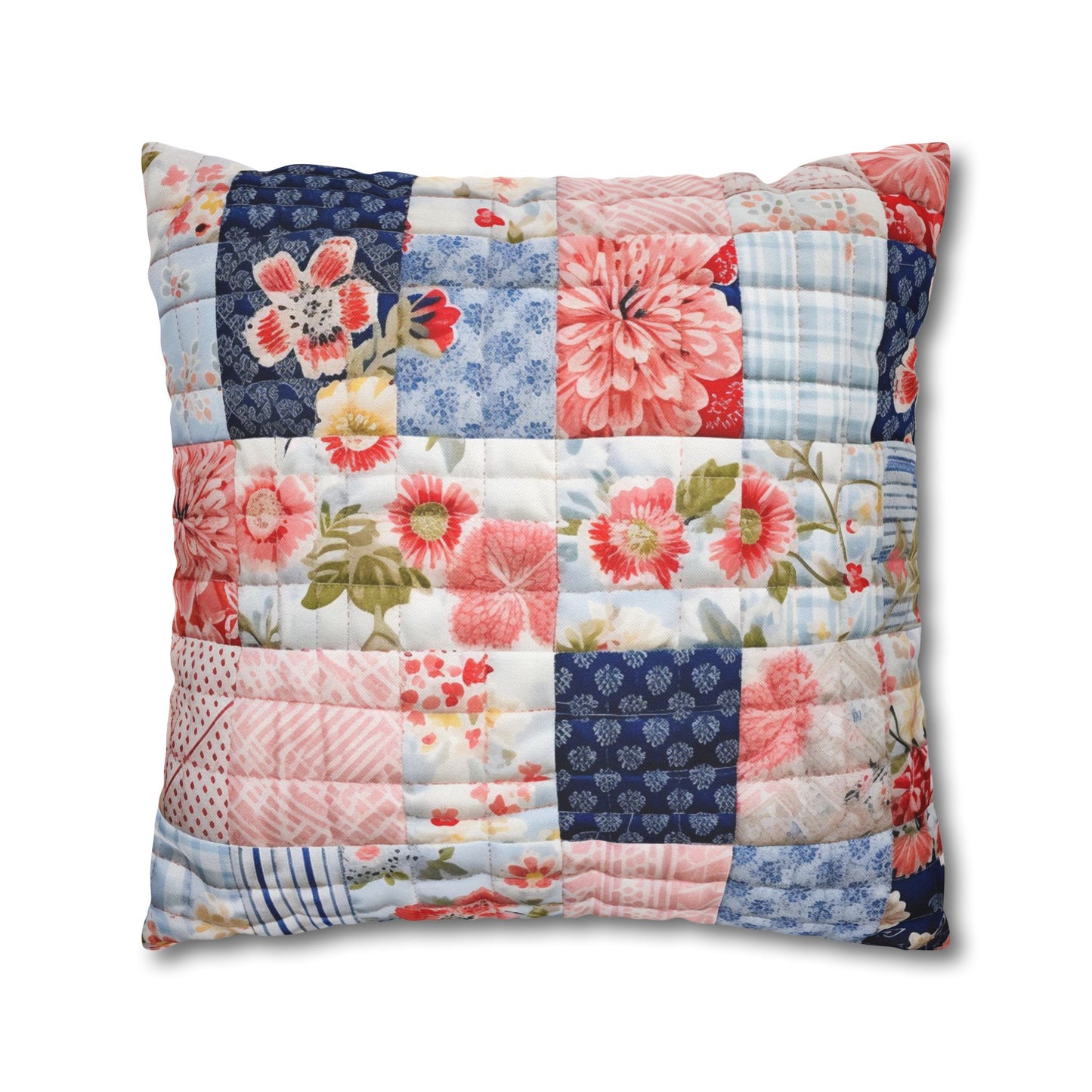 Floral Harmony Quilt, Blossom Patchwork, Blue and Pink Quilted Patterns, Garden Quilt, Soft Pastel Quilting Squares Design - Spun Polyester Square Pillow Case