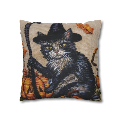 Halloween Cat Magic: Embroidered Style Feline with Pumpkins & Witch Hat - Spun Polyester Square Pillow Case