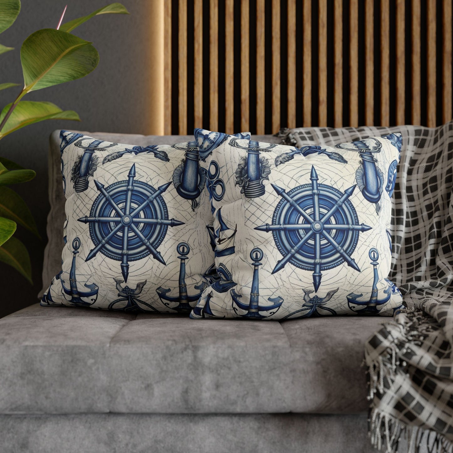 Nautical Theme Art - Anchors, Ropes, Compass Spun Polyester Square Pillow Case