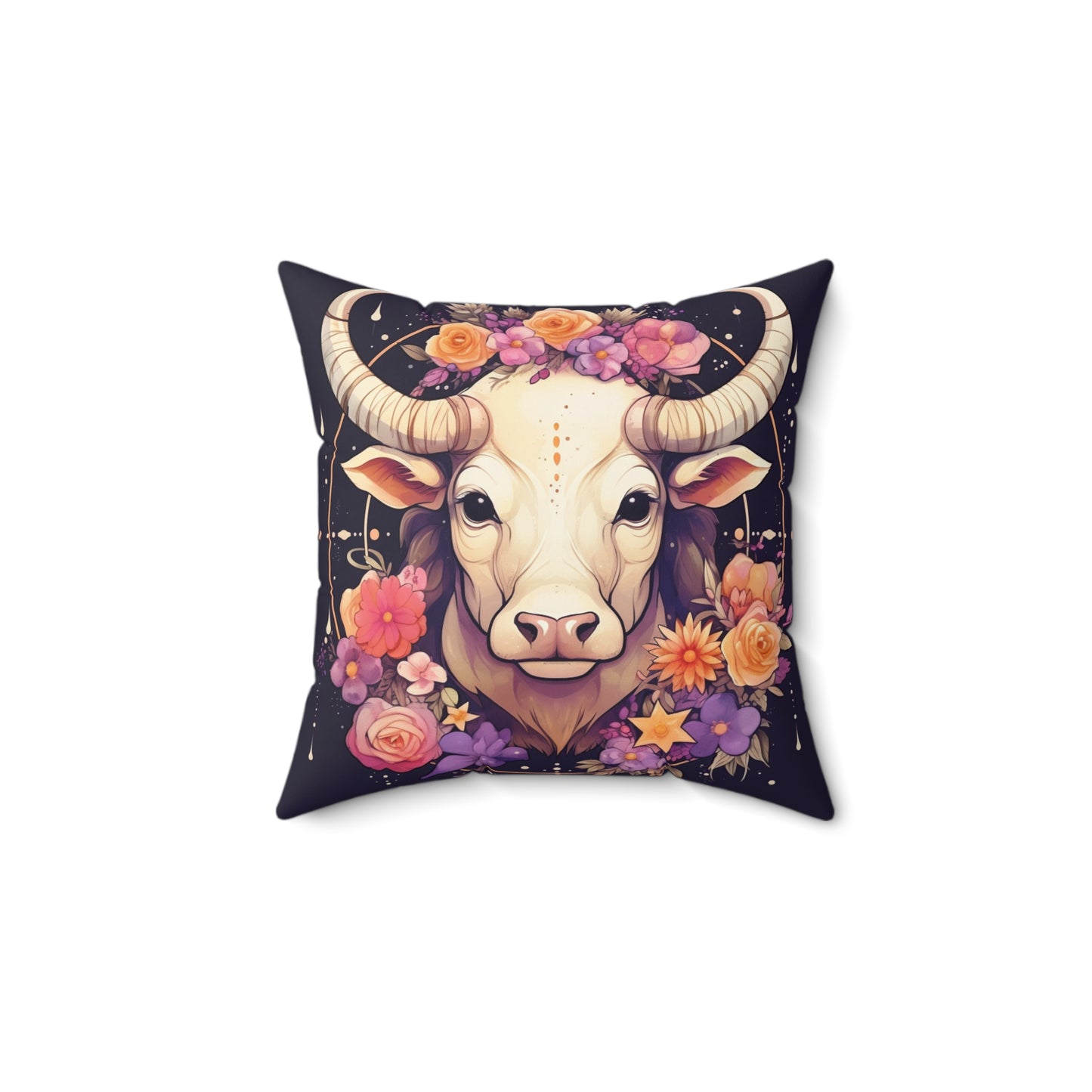 Taurus Zodiac Bull Flower Accents - Astrology Sign - Spun Polyester Square Pillow