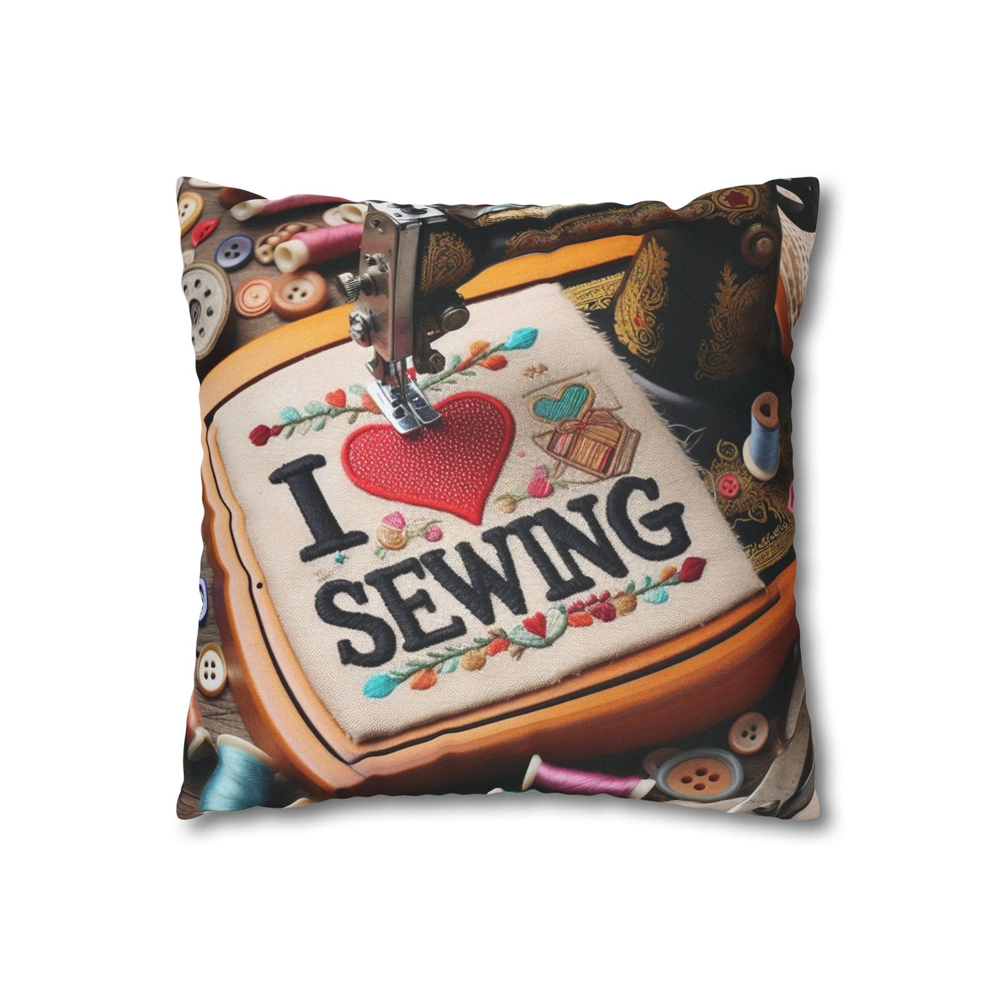 Sewing Machine, I Love Sewing Embroidery, Tailor Workshop - Spun Polyester Square Pillow Case