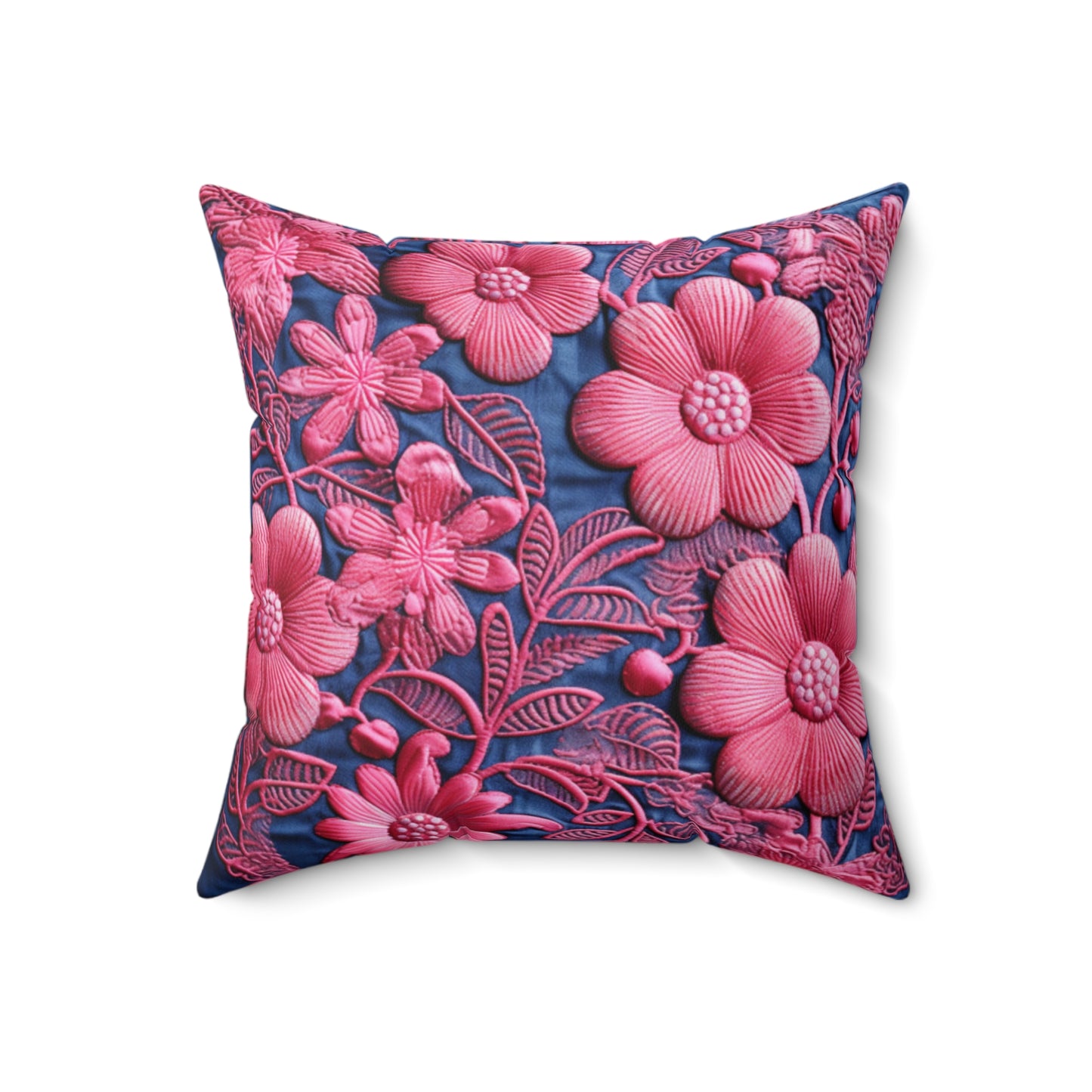 Denim Blue Doll Pink Floral Embroidery Style Fabric Flowers - Spun Polyester Square Pillow