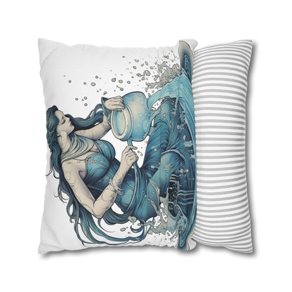 Aquarius Zodiac Symbol - Girl Pouring Water, Hand-Drawn Style - Spun Polyester Square Pillow Case