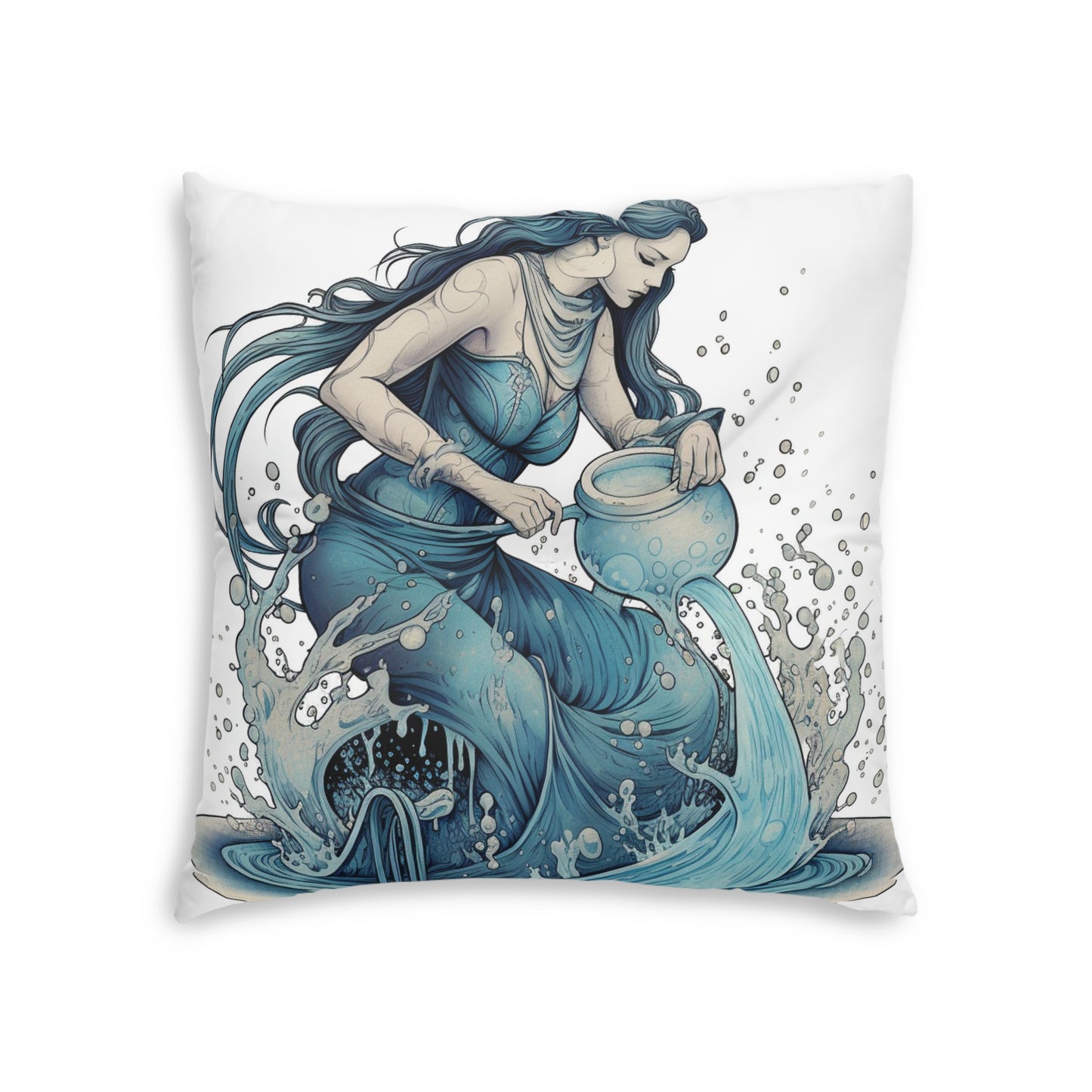 Aquarius Zodiac Symbol - Girl Pouring Water, Hand-Drawn Style - Tufted Floor Pillow, Square