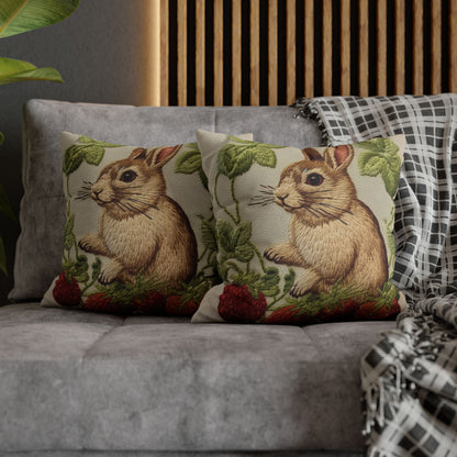 Strawberry Bunny Rabit - Embroidery Style - Strawberries Fruit Munchies - Easter Gift - Spun Polyester Square Pillow Case