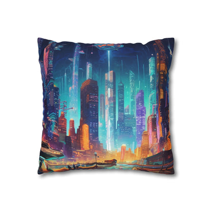 Futuristic Neon Cyberpunk Cityscape Art Design Spun Polyester Square Pillow Case