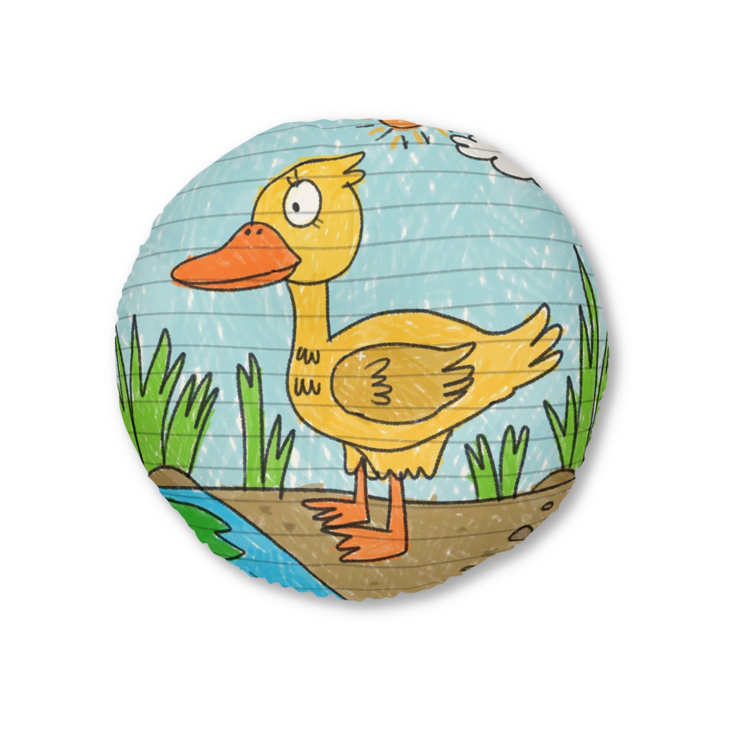 Yellow Duck Bird Pond Tufted Floor Pillow, Round