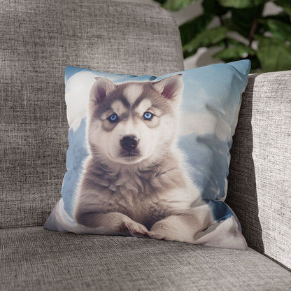 Husky Puppy Winter Wonder - Snowy Mountain Backdrop Spun Polyester Square Pillow Case