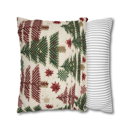 Embroidered Christmas Winter, Festive Holiday Stitching, Classic Seasonal Design - Spun Polyester Square Pillow Case