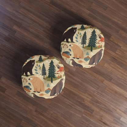 U.S. Wilderness Inspired: Grizzly Bears, Animals Pattern Tufted Floor Pillow, Round