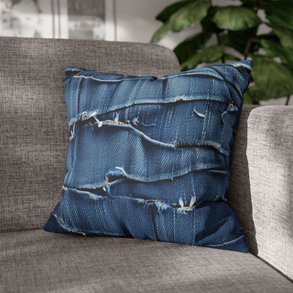 Midnight Blue Distressed Denim: Rugged, Torn & Stylish Design - Spun Polyester Square Pillow Case