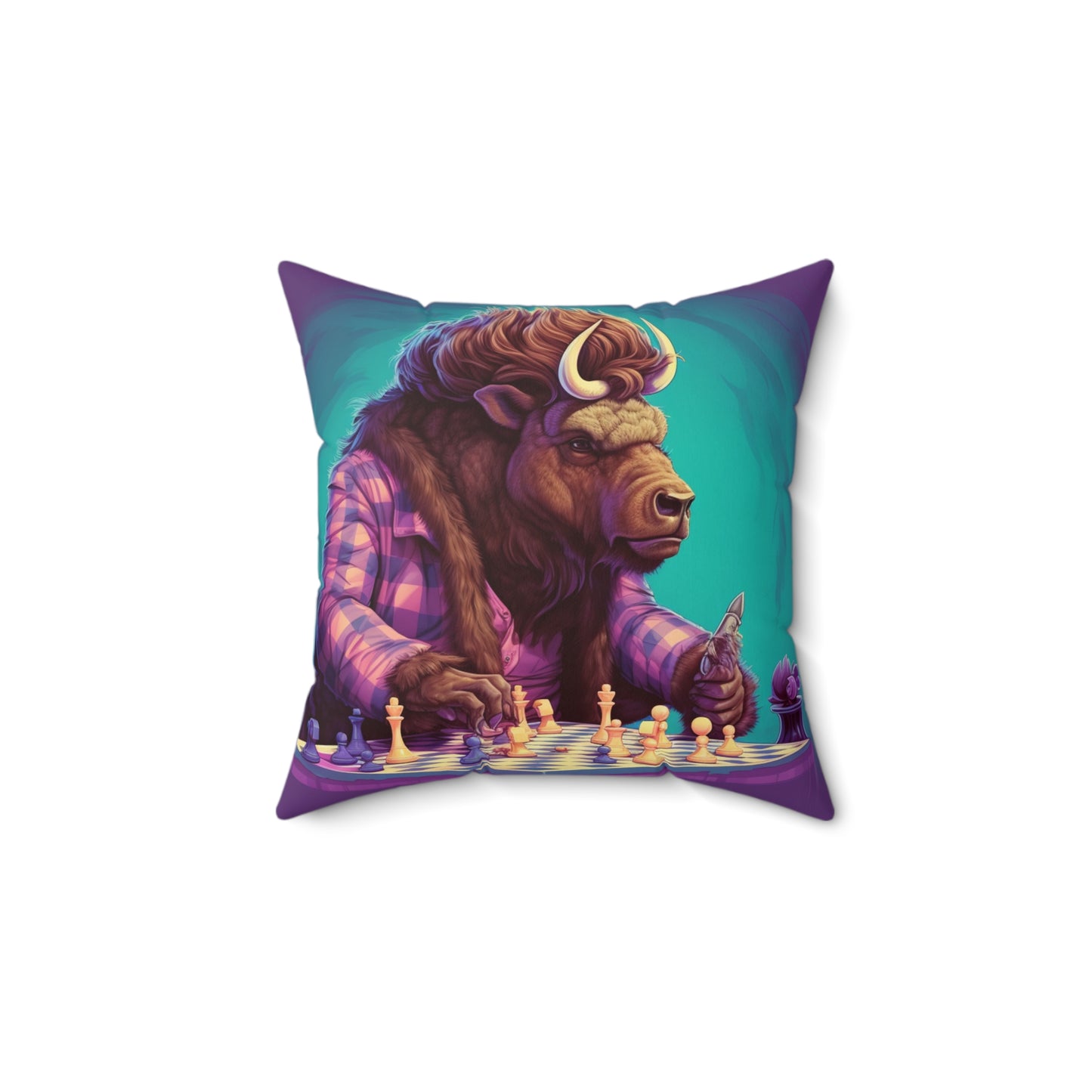 American Buffalo Bison Chess Player Graphic Spun Polyester Square Pillow