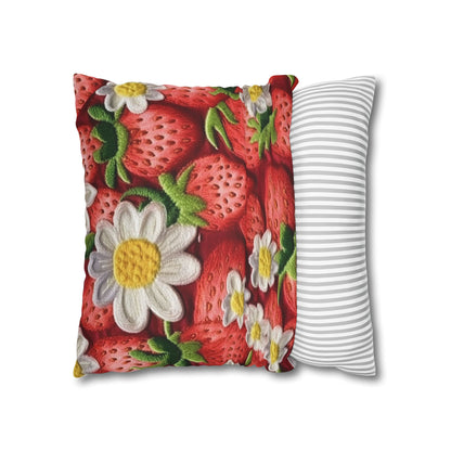 Strawberry Strawberries Embroidery Design - Fresh Pick Red Berry Sweet Fruit - Spun Polyester Square Pillow Case