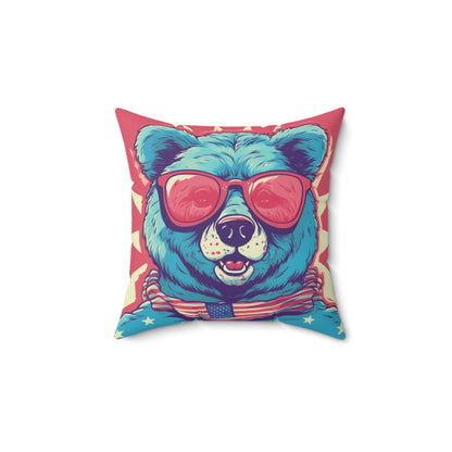 4th of July Festive Fun: Cute Patriotic Bear Graphic USA Style Spun Polyester Square Pillow