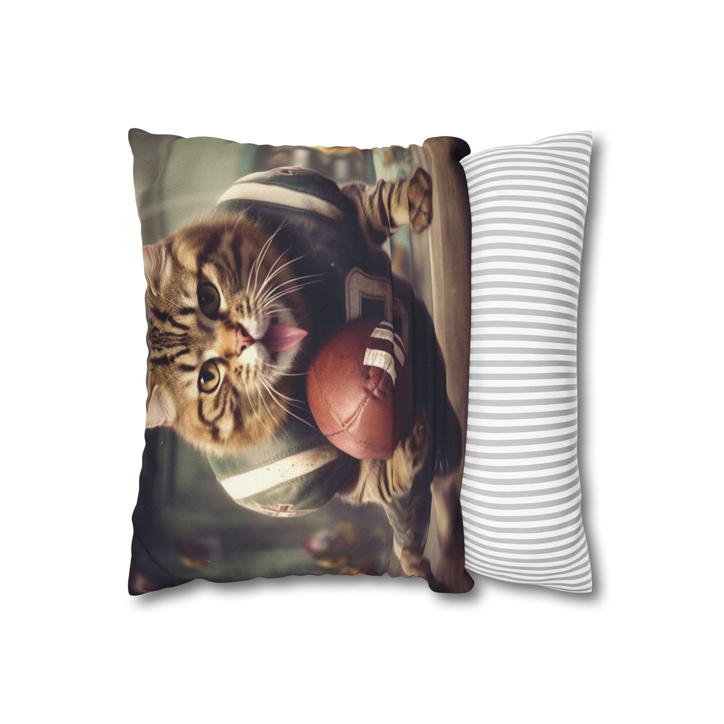 Football Field Felines: Kitty Cats in Sport Tackling Scoring Game Position - Spun Polyester Square Pillow Case