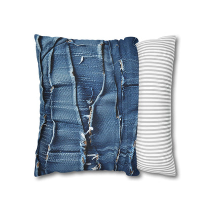 Midnight Blue Distressed Denim: Rugged, Torn & Stylish Design - Spun Polyester Square Pillow Case