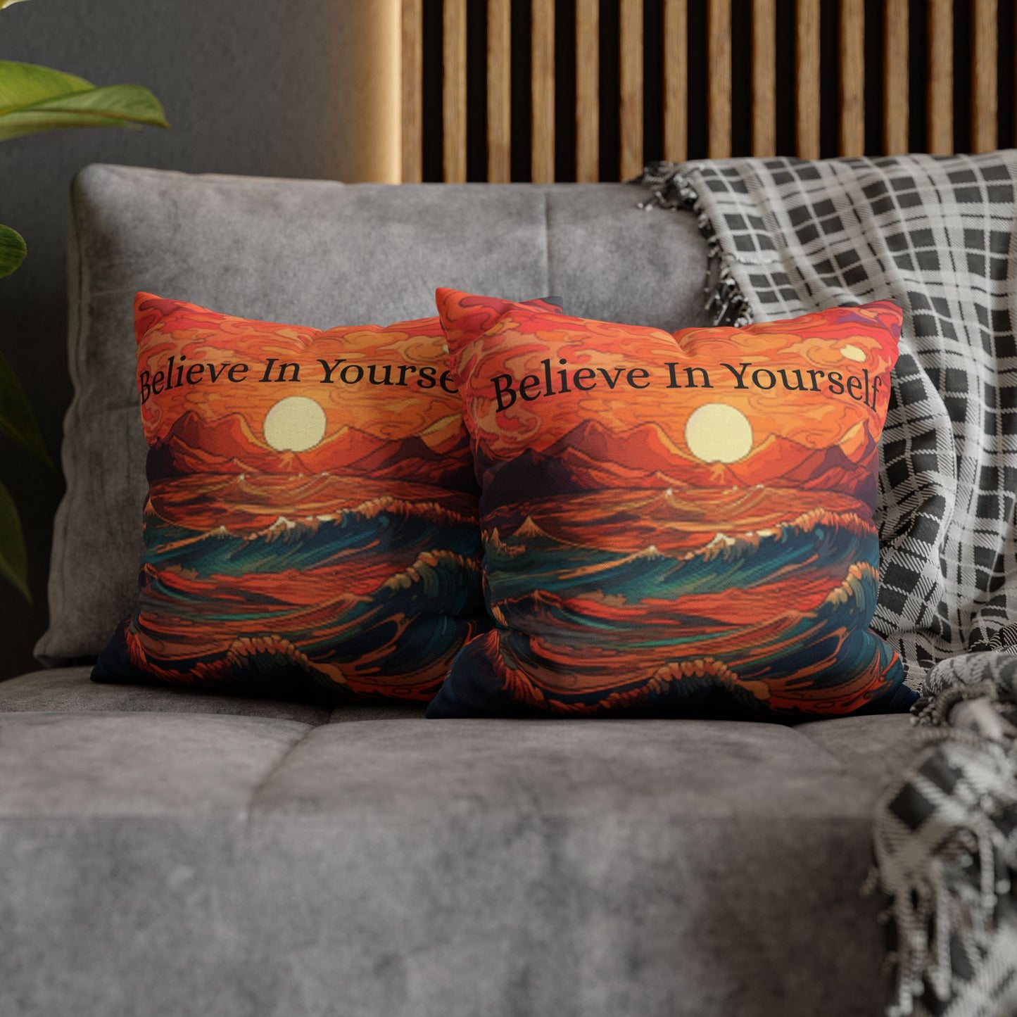 Inspirational 'Believe in Yourself' - Sunrise Ocean Art Spun Polyester Square Pillow Case