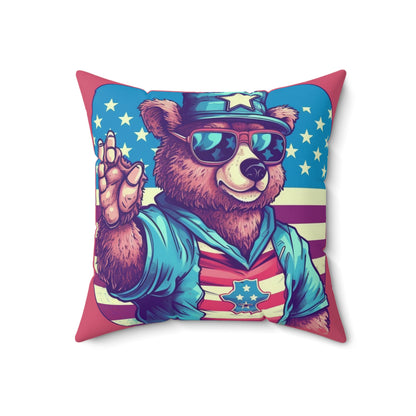 American Bear USA Flag Patriotic 4th of July Style Spun Polyester Square Pillow