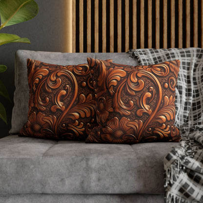 Leather Flower Cognac Classic Brown Timeless American Cowboy Design - Spun Polyester Square Pillow Case