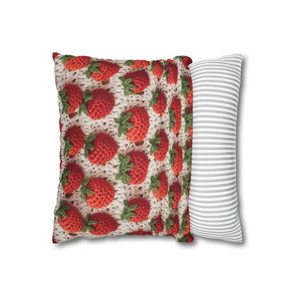 Strawberry Traditional Japanese, Crochet Craft, Fruit Design, Red Berry Pattern - Spun Polyester Square Pillow Case