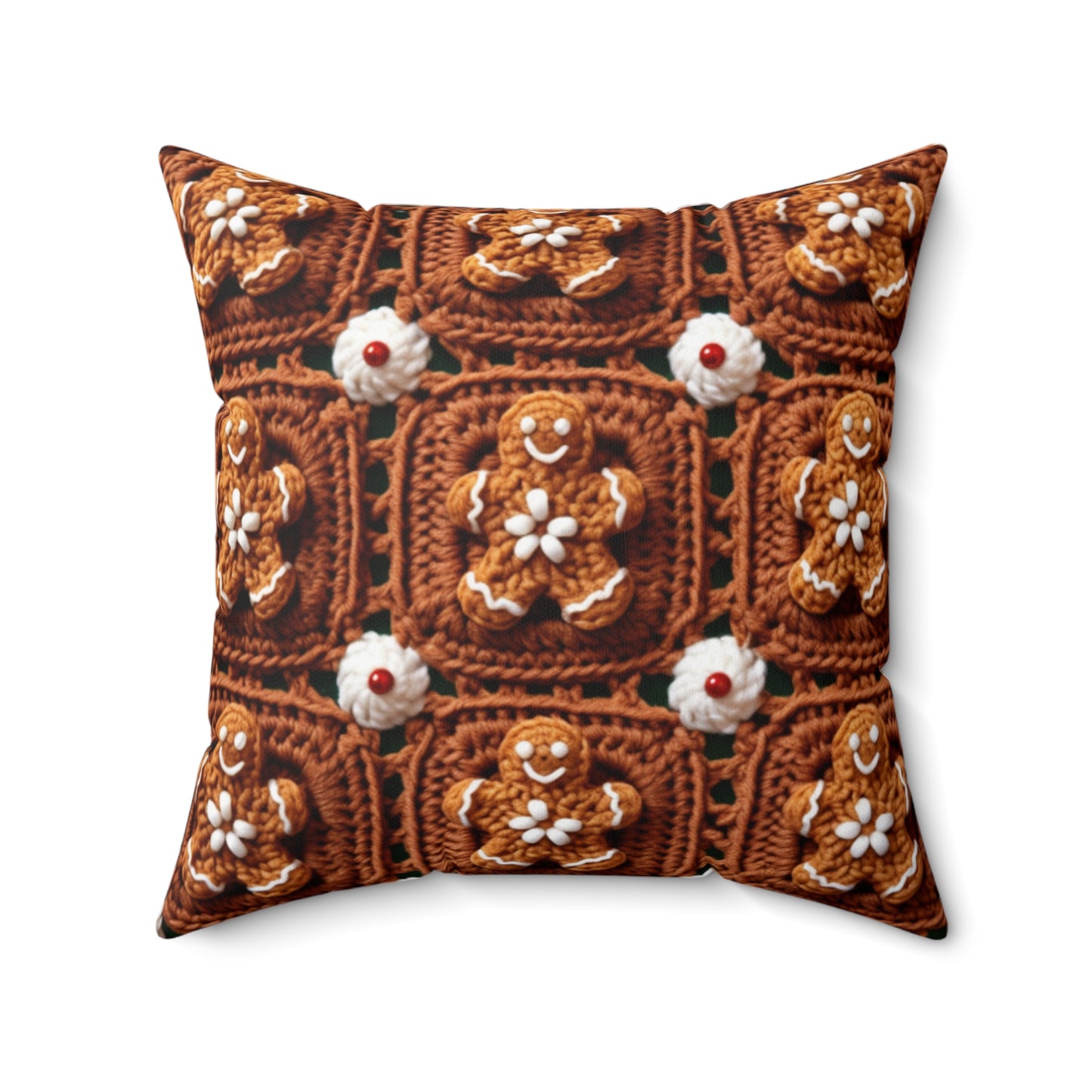 Gingerbread Man Crochet, Classic Christmas Cookie Design, Festive Yuletide Craft. Holiday Decor - Spun Polyester Square Pillow