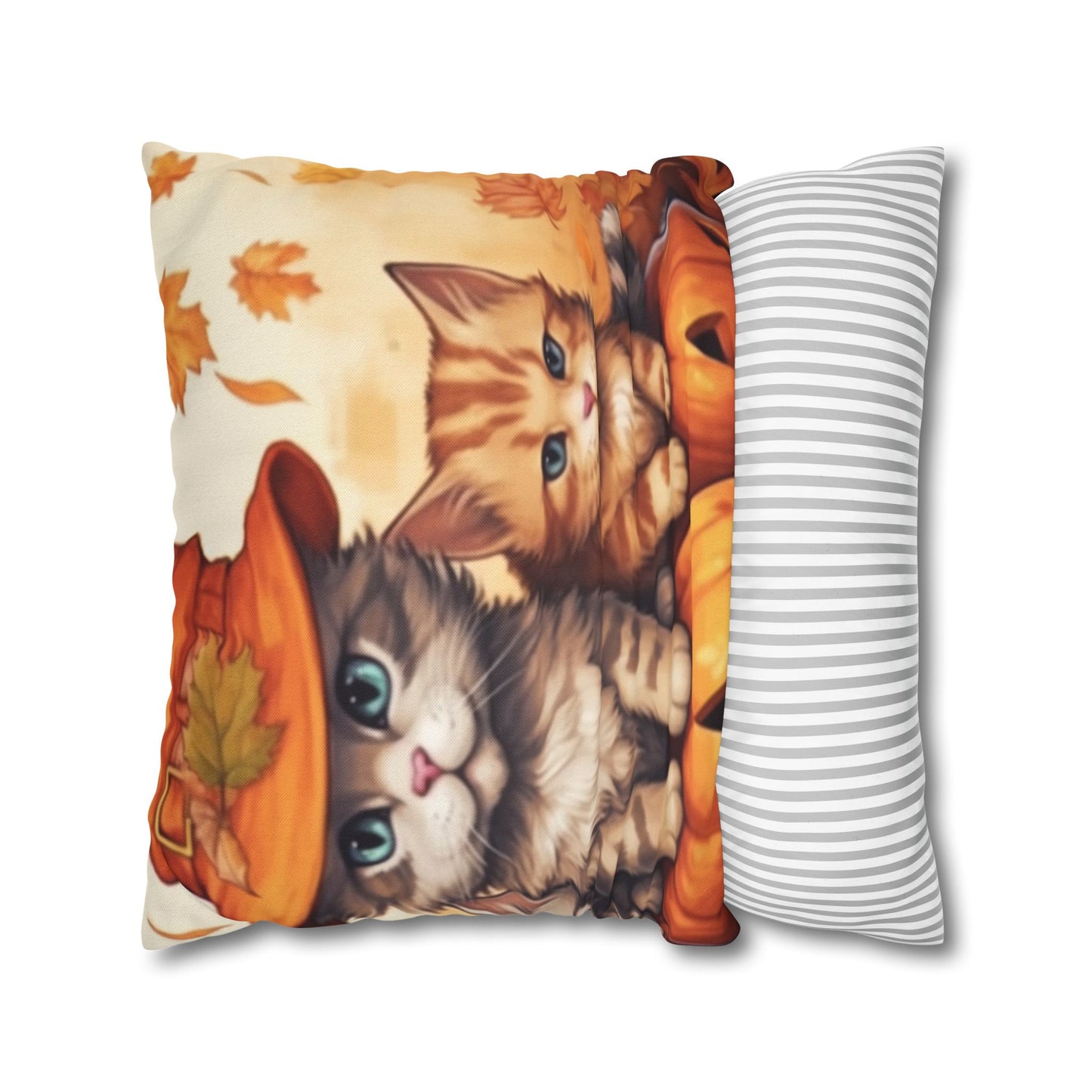 Kitty Cat Kittens Halloween - Cute Furries on Pumpkin - Festive Feline Decor - Spun Polyester Square Pillow Case