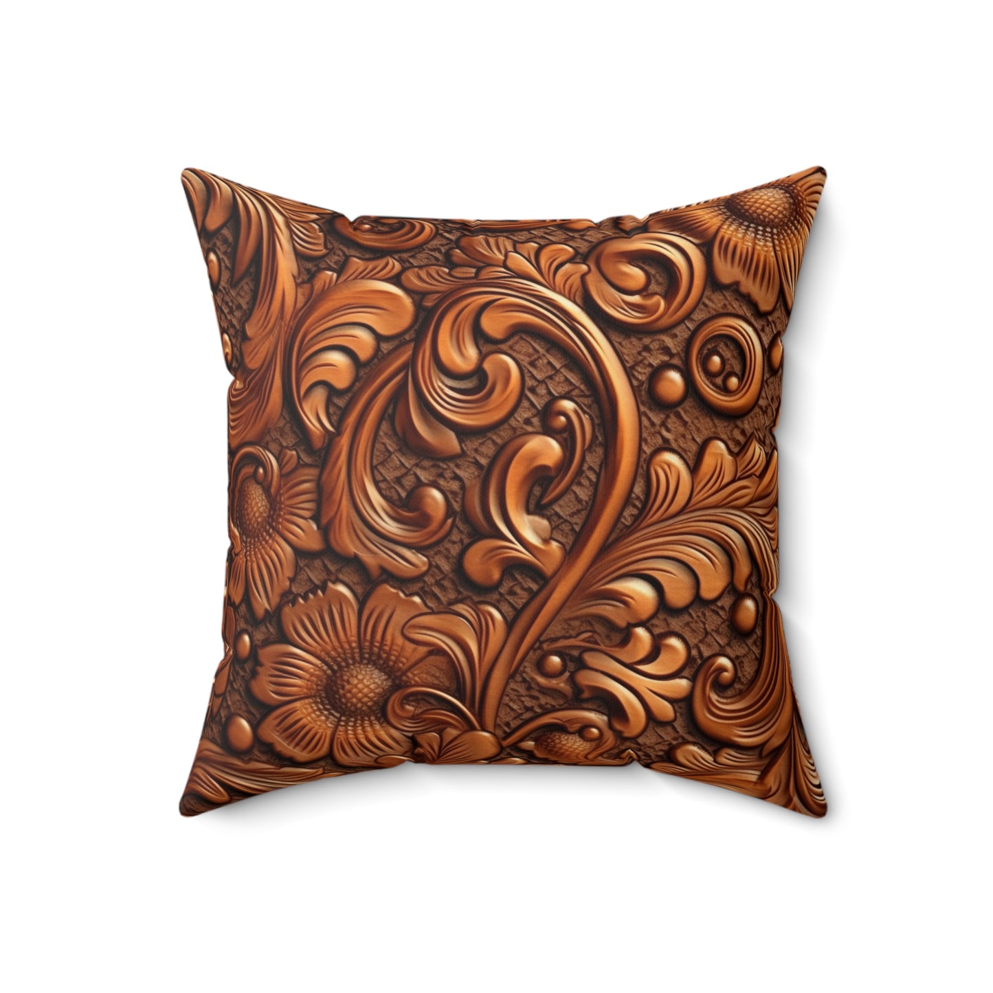 Leather Flower Cognac Classic Brown Timeless American Cowboy Design - Spun Polyester Square Pillow