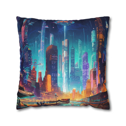 Futuristic Neon Cyberpunk Cityscape Art Design Spun Polyester Square Pillow Case