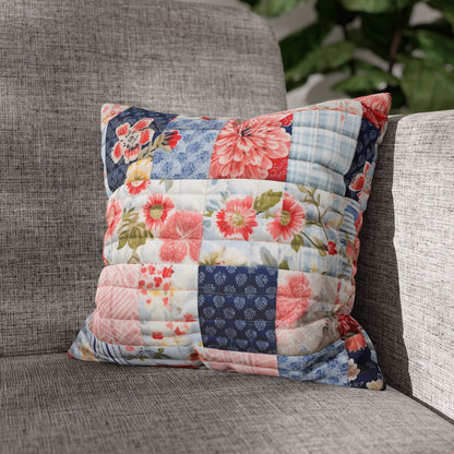 Floral Harmony Quilt, Blossom Patchwork, Blue and Pink Quilted Patterns, Garden Quilt, Soft Pastel Quilting Squares Design - Spun Polyester Square Pillow Case