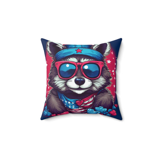 Cute Furry Raccoon Animal USA Flag Style Spun Polyester Square Pillow