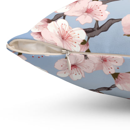 Cherry Blossom Tree Blue Bird Spun Polyester Square Pillow