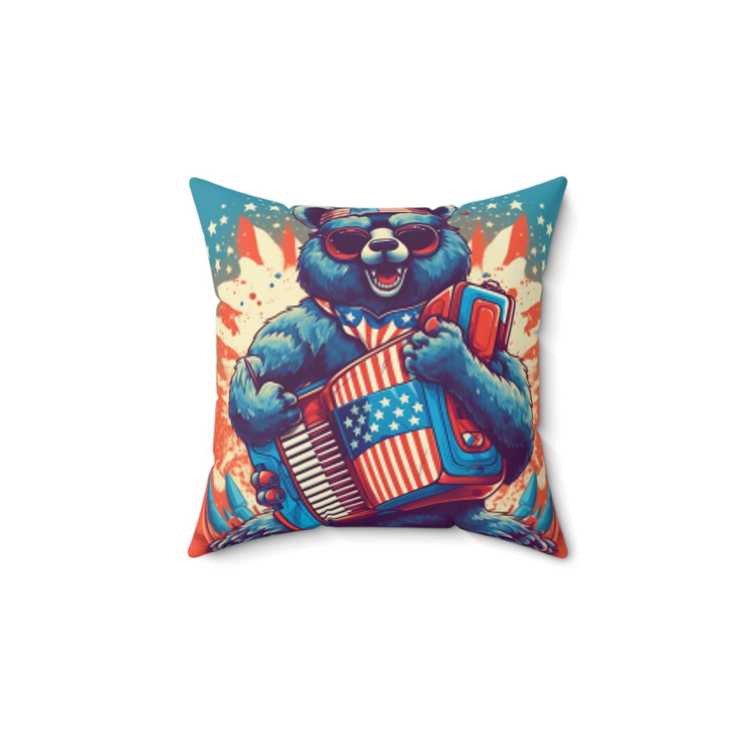 Accordion Bear Patriotic 4th of July American Music Spun Polyester Square Pillow