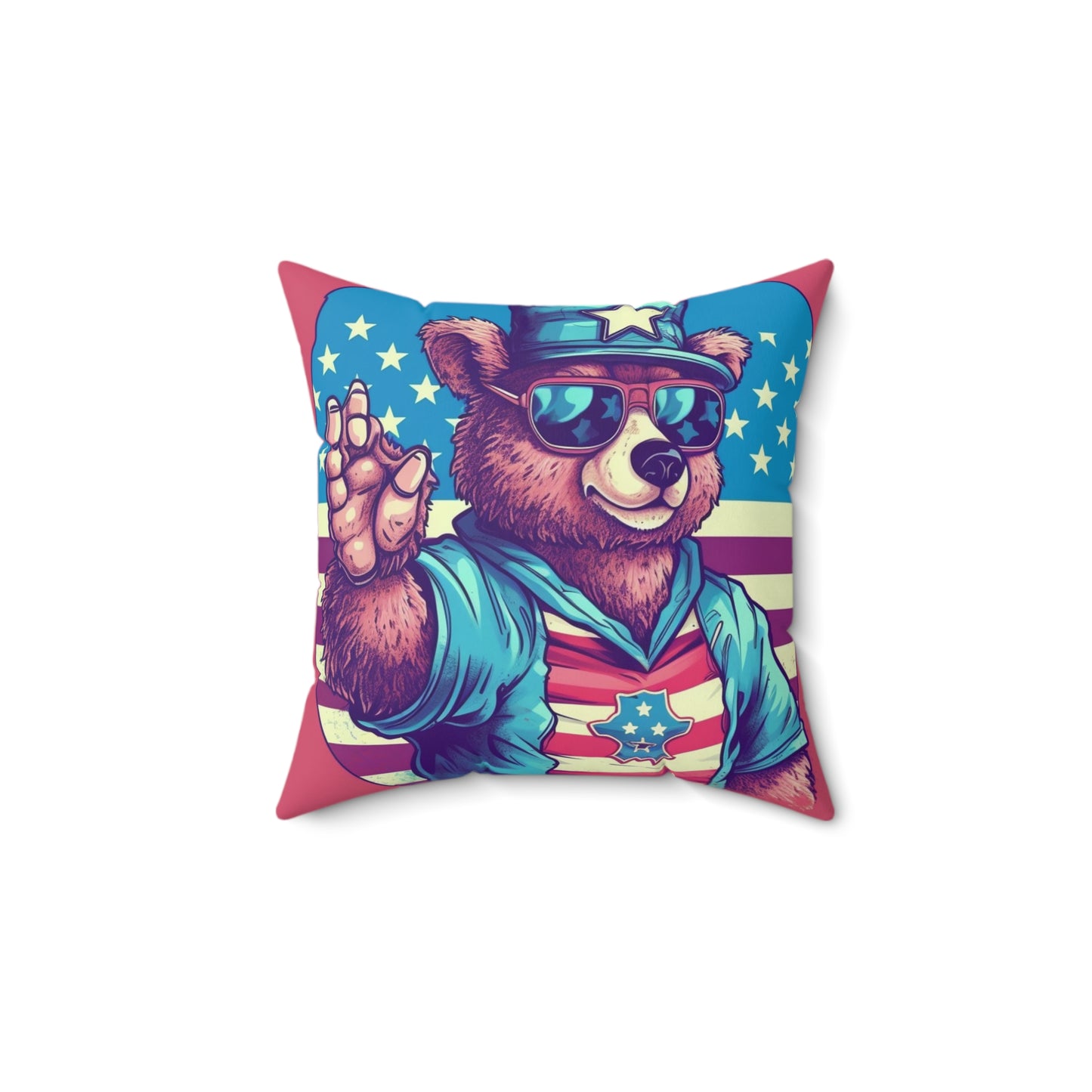 American Bear USA Flag Patriotic 4th of July Style Spun Polyester Square Pillow