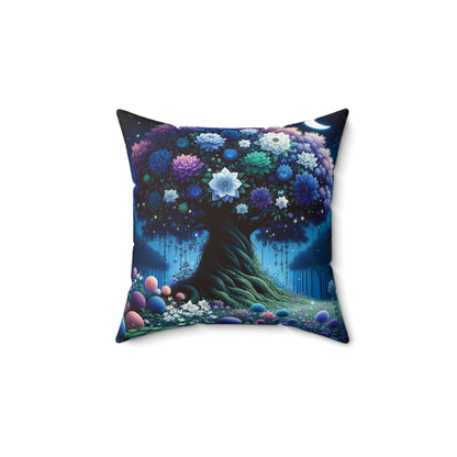 Starry Night Bloom: Magical Garden and Celestial Tree Art - Spun Polyester Square Pillow