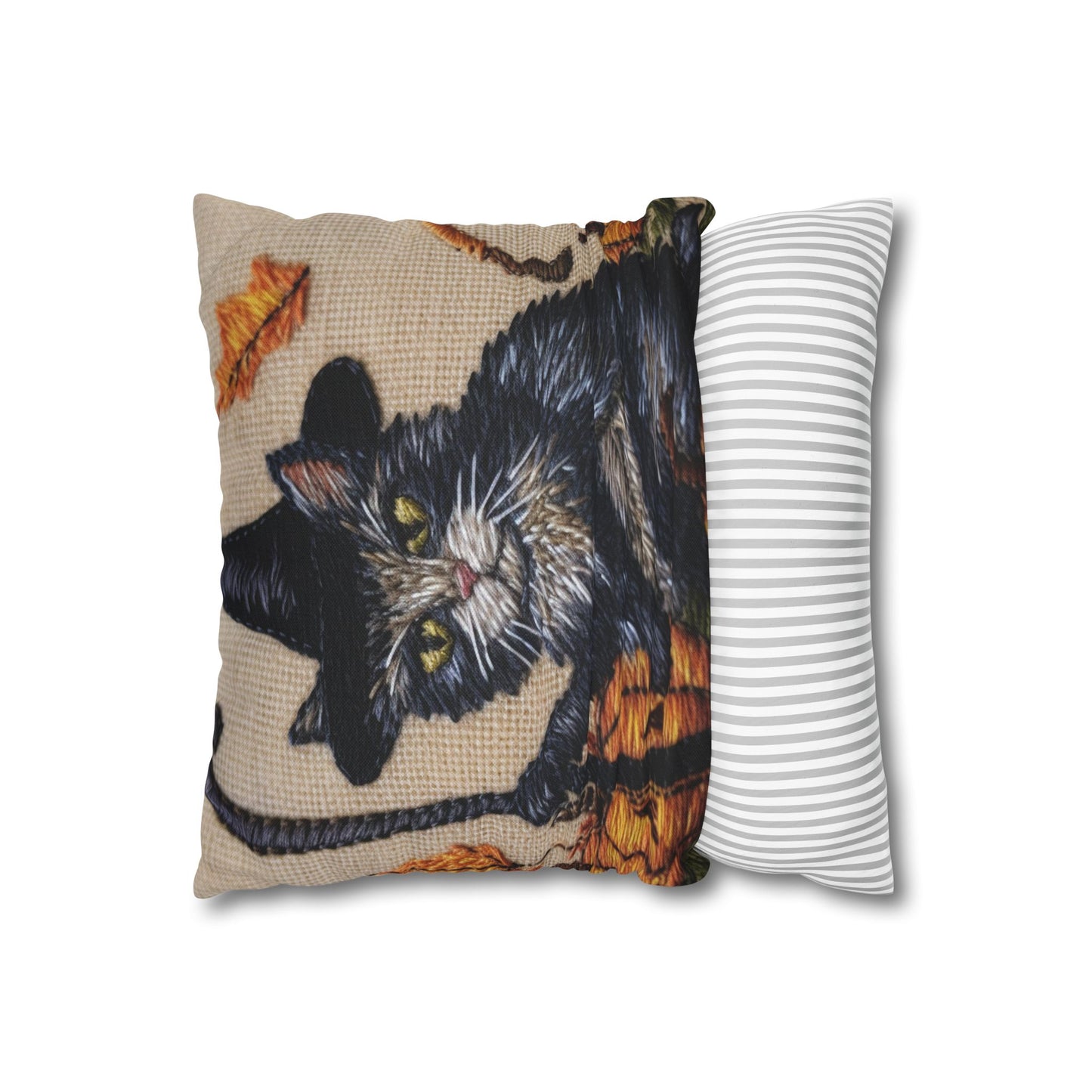 Halloween Cat Magic: Embroidered Style Feline with Pumpkins & Witch Hat - Spun Polyester Square Pillow Case