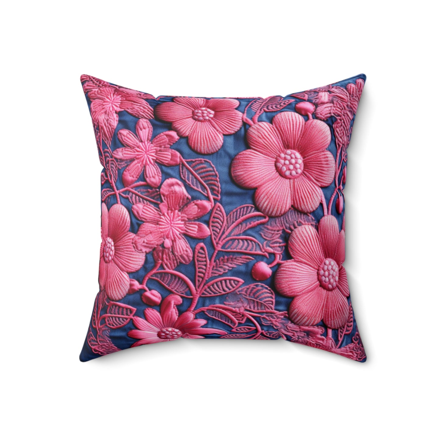 Denim Blue Doll Pink Floral Embroidery Style Fabric Flowers - Spun Polyester Square Pillow