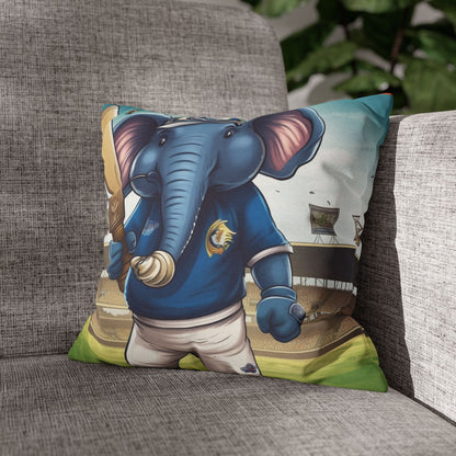 India Elephant Cricket Sport Star: Pitch, Run, Stump Game - Animated Charm - Spun Polyester Square Pillow Case