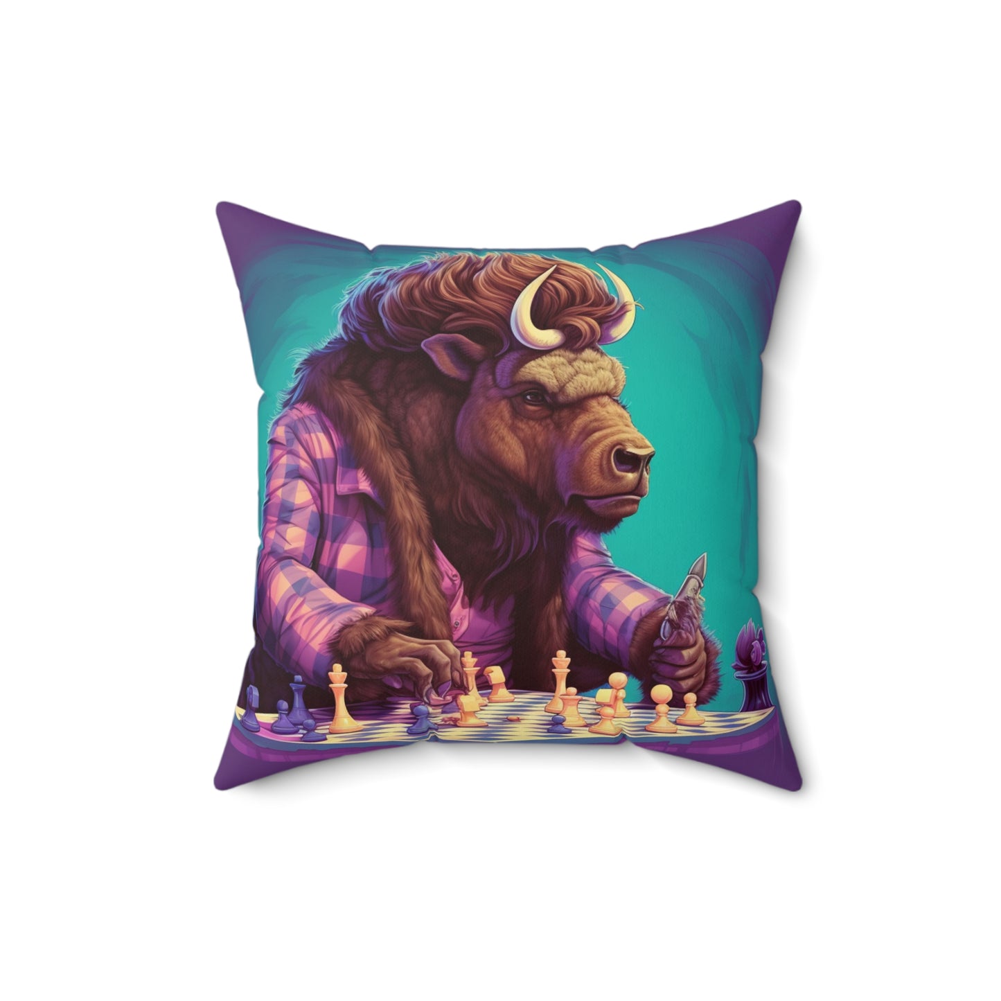 American Buffalo Bison Chess Player Graphic Spun Polyester Square Pillow