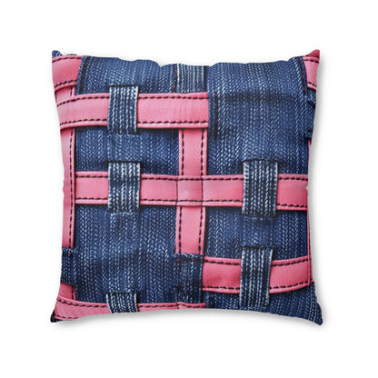 Candy-Striped Crossover: Pink Denim Ribbons Dancing on Blue Stage - Tufted Floor Pillow, Square