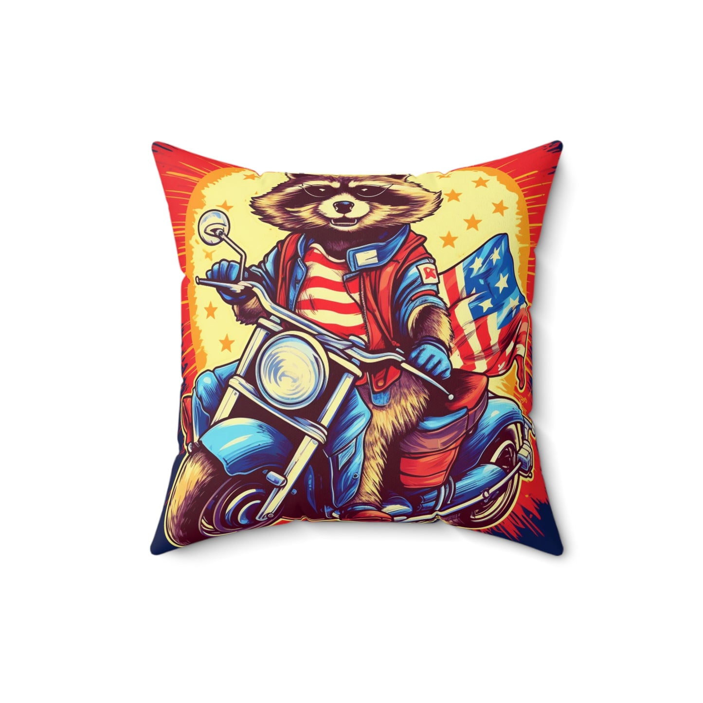 Red White and Blue American Raccoon Biker Motorcyclist Graphic Spun Polyester Square Pillow