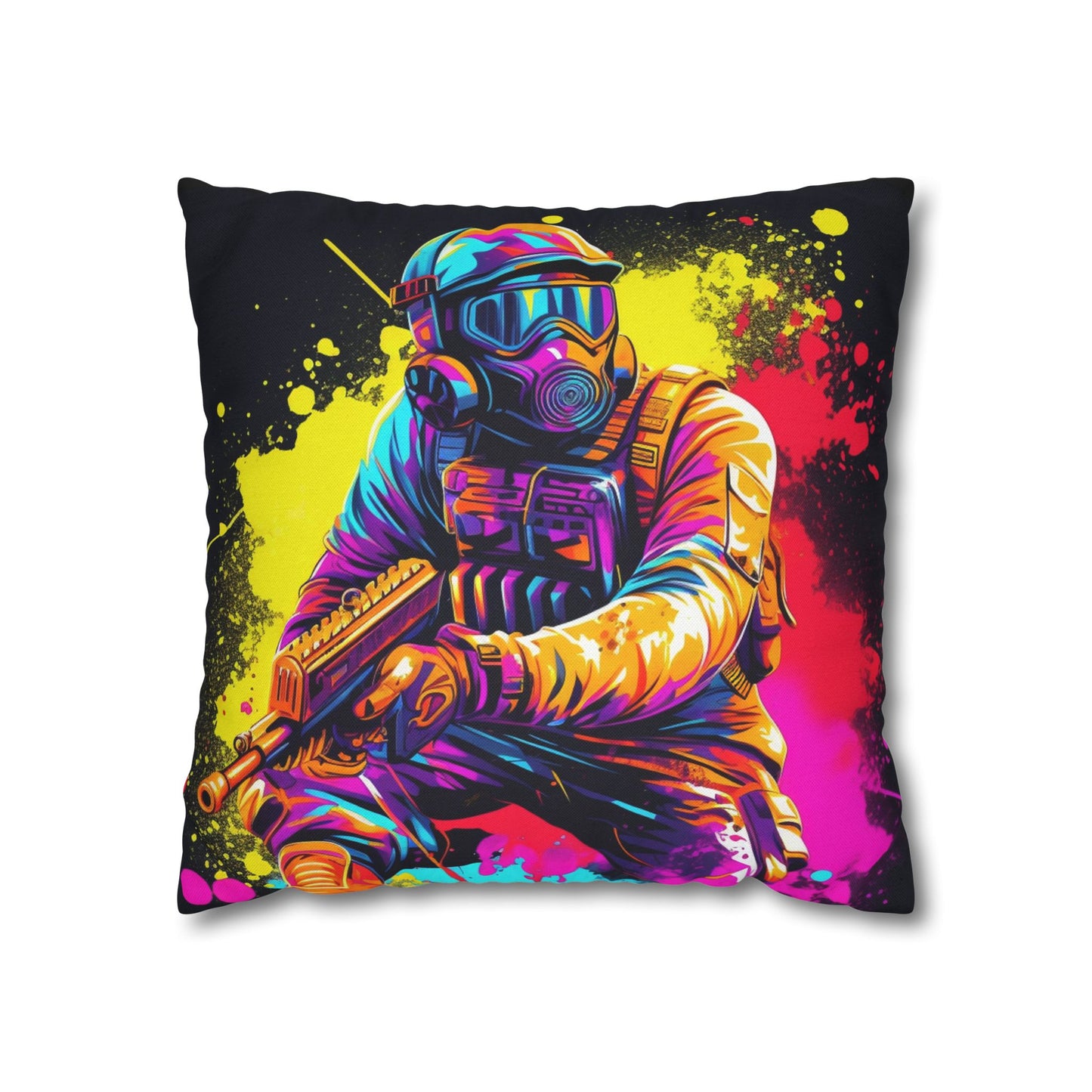 Paintball Action Sport: Player in Battle, Paint Splatter - Spun Polyester Square Pillow Case