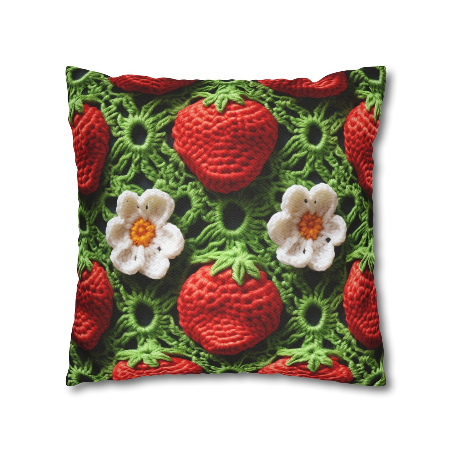 Strawberry Field Crochet - Forever Forest Greens - Fruit Berry Harvest Crop - Spun Polyester Square Pillow Case