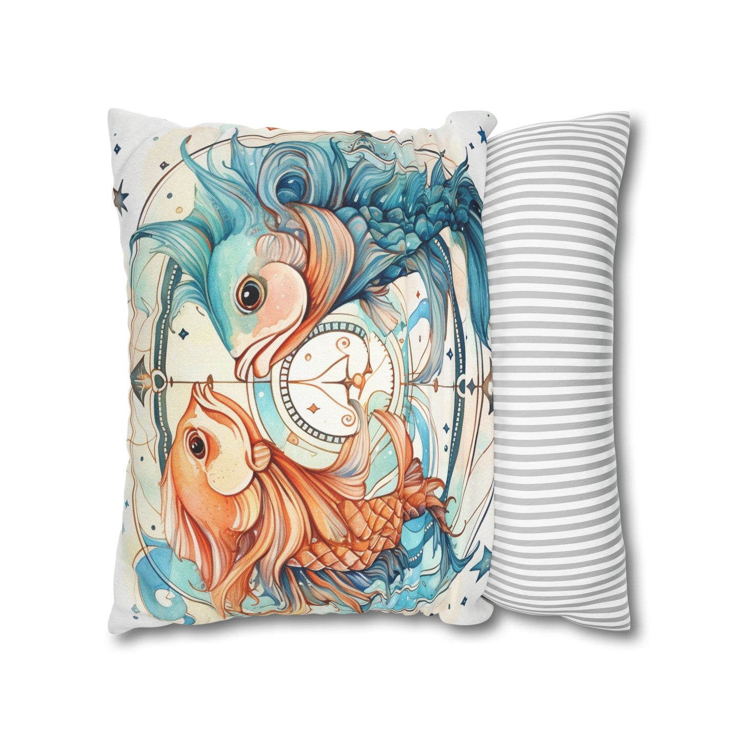 Pisces Zodiac Horoscope - Starry Watercolor & Ink, Hyper-Detailed Fish Spun Polyester Square Pillow Case