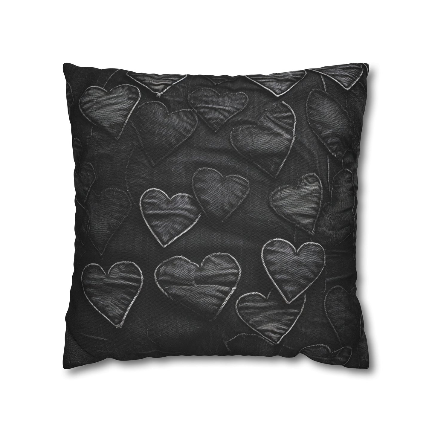 Black: Distressed Denim-Inspired Fabric Heart Embroidery Design - Spun Polyester Square Pillow Case