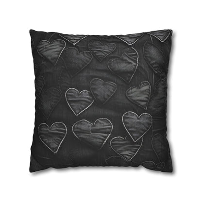 Black: Distressed Denim-Inspired Fabric Heart Embroidery Design - Spun Polyester Square Pillow Case